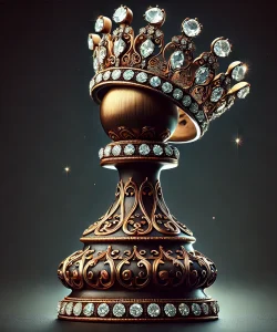 DALL·E-2024-09-08-11.20.34-A-surrealistic-chess-pawn-styled-as-a-regal-queen-adorned-with-intricate-bronze-detailing-and-encrusted-with-diamonds.-The-pawn-has-a-majestic-opule