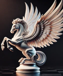 DALL·E-2024-09-08-13.19.01-A-surrealistic-chess-knight-in-the-form-of-a-Pegasus-fully-displaying-its-large-majestic-wings.-The-knight-is-sculpted-with-intricate-details-showc